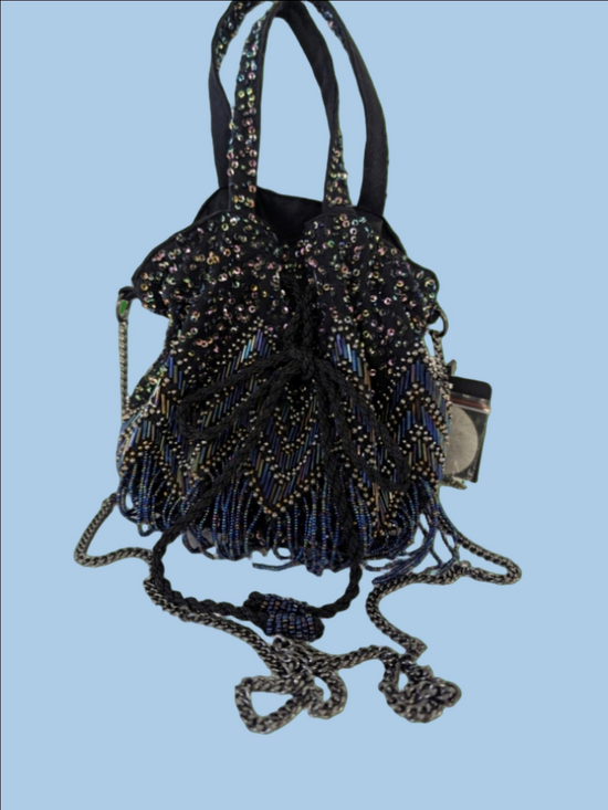 Zara Handbags - Bag Mini Black Beaded Fringe Iridescent Drawstring Evening Bag By Zara NWT